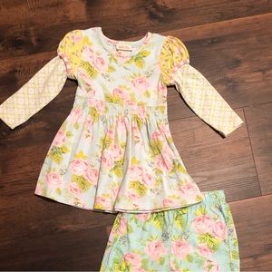 Matilda Jane puff sleeve aqua roses tunic pants set 18-24M 2T